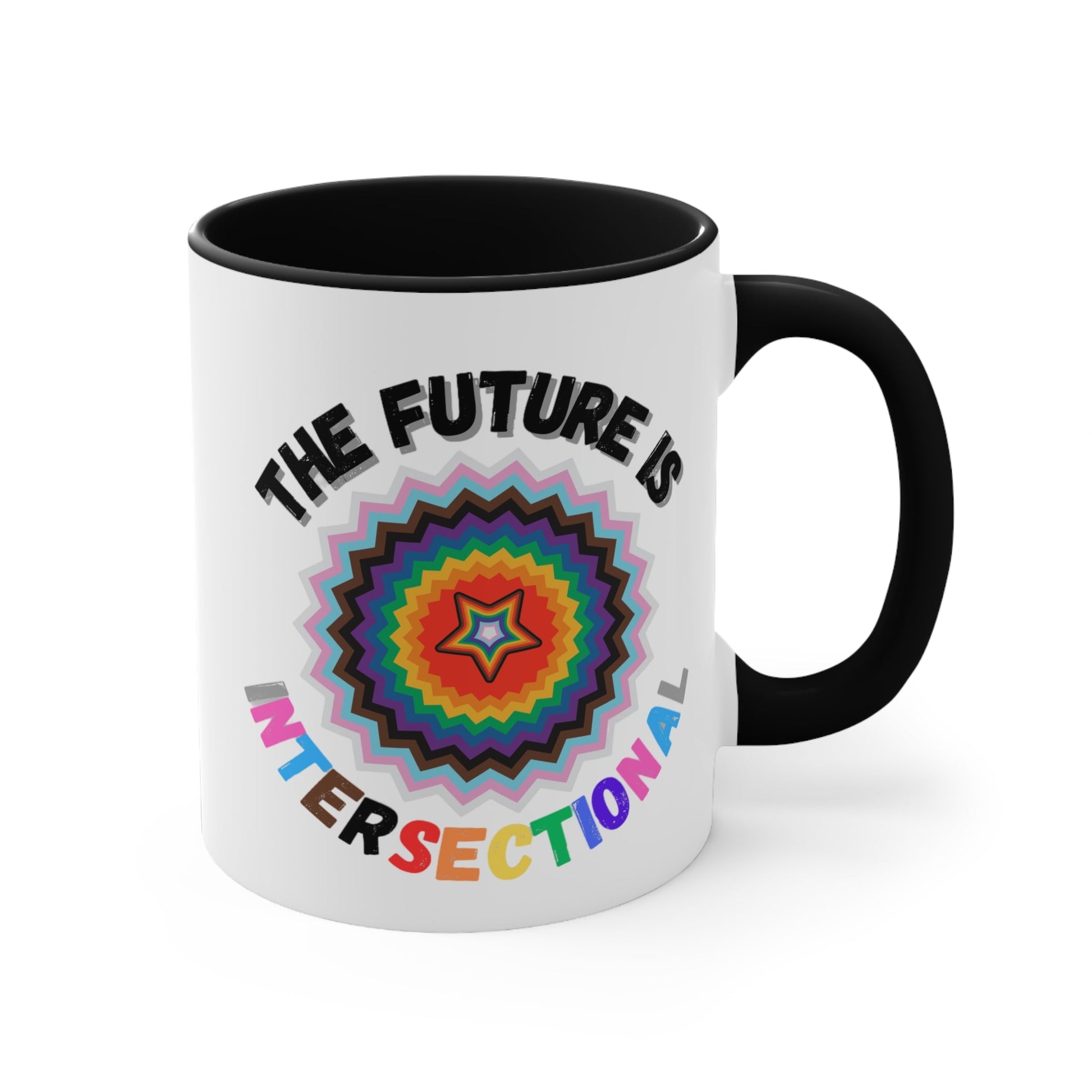 The Future Is Intersectional - original design - colourful accent mug by Printify is a white mug with a blue handle and interior, featuring an original star-shaped pattern in vibrant colors at the center. The text "THE FUTURE IS" appears above the pattern, and "INTERSECTIONAL" is displayed below in rainbow-colored letters, creating an eye-catching color contrast.