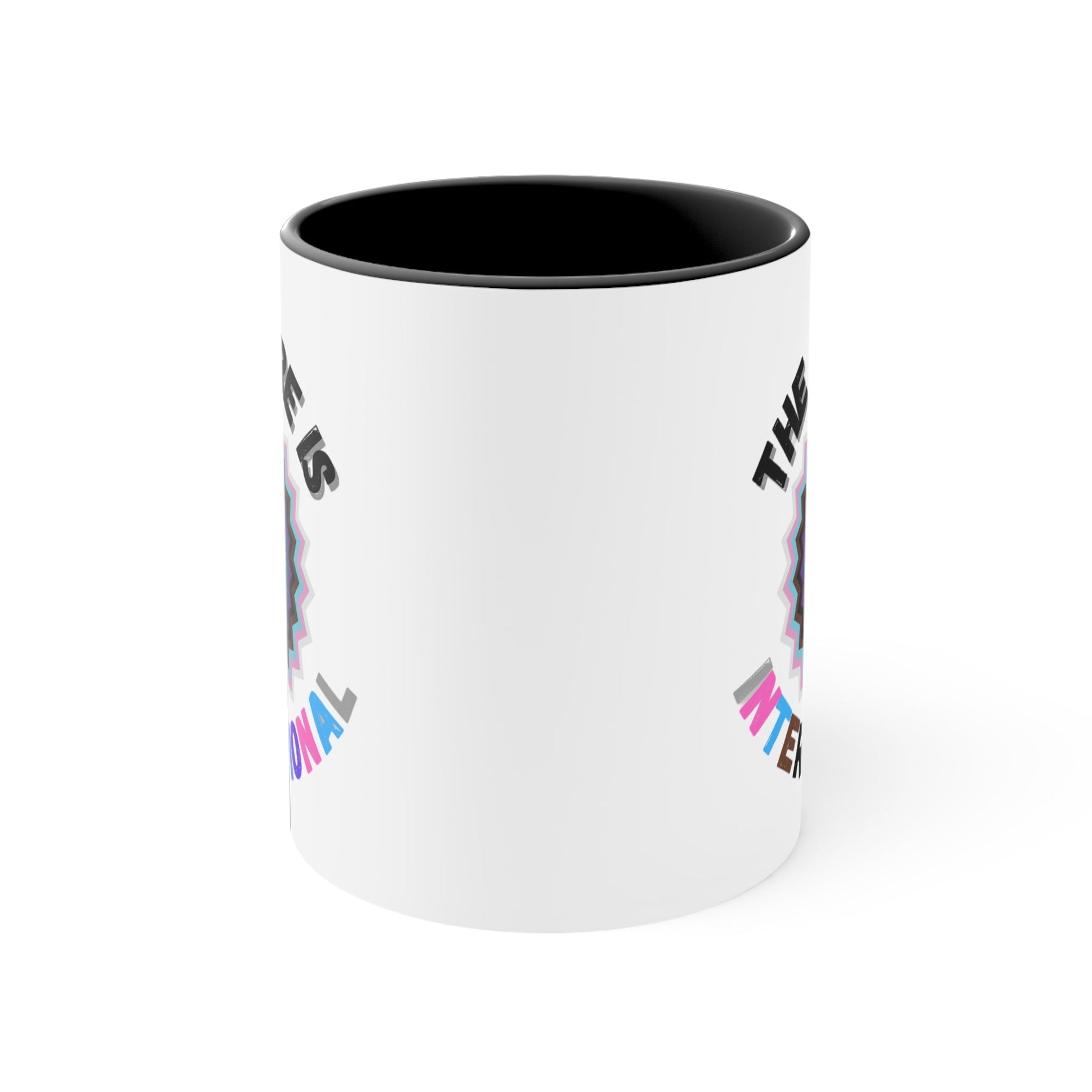 The Future Is Intersectional - original design - colourful accent mug by Printify is a white mug with a blue handle and interior, featuring an original star-shaped pattern in vibrant colors at the center. The text "THE FUTURE IS" appears above the pattern, and "INTERSECTIONAL" is displayed below in rainbow-colored letters, creating an eye-catching color contrast.