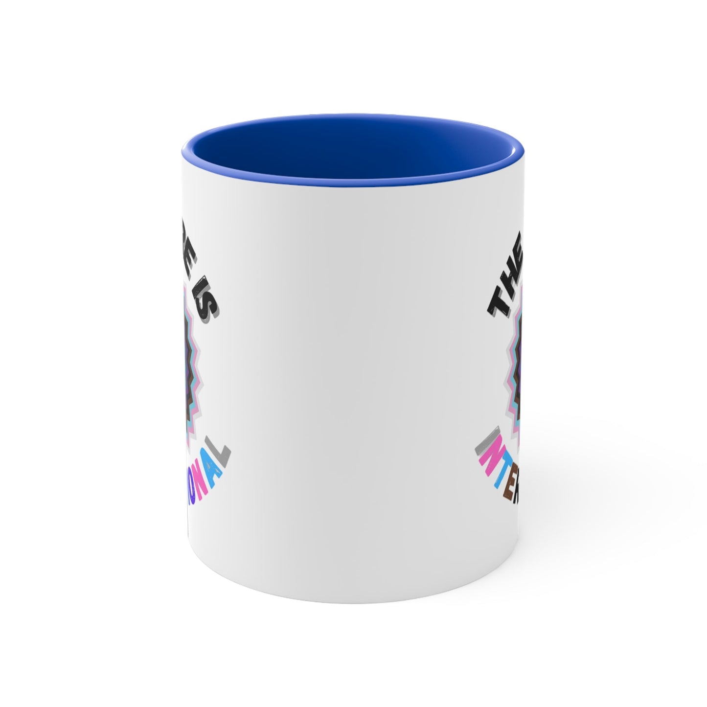 The Future Is Intersectional - original design - colourful accent mug by Printify is a white mug with a blue handle and interior, featuring an original star-shaped pattern in vibrant colors at the center. The text "THE FUTURE IS" appears above the pattern, and "INTERSECTIONAL" is displayed below in rainbow-colored letters, creating an eye-catching color contrast.