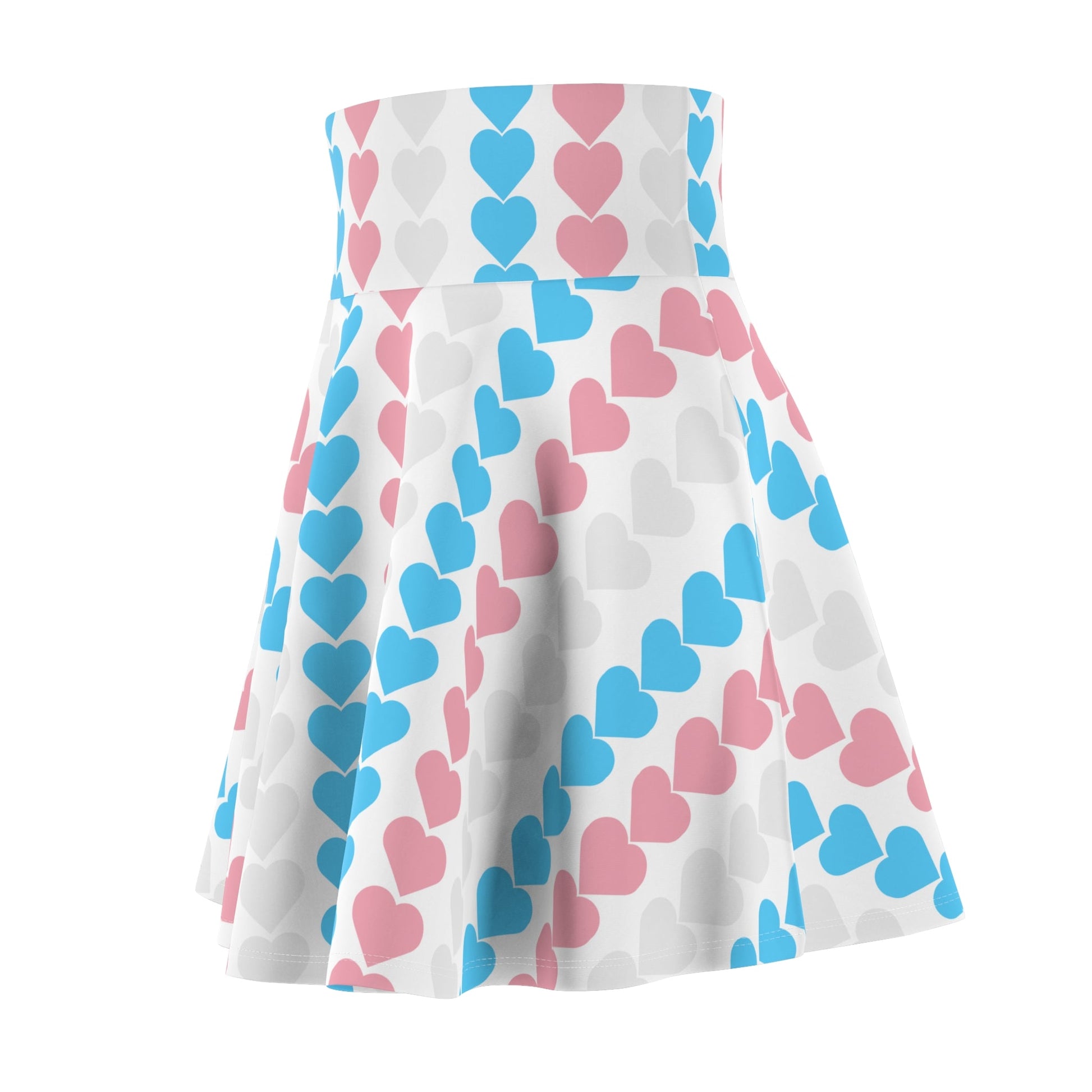 The Trans Flag Love Hearts Skater Skirt is a versatile high-waisted skirt, featuring a white background adorned with vertical rows of alternating blue pink and white hearts. Perfect for any occasion, this stylish skater skirt combines comfort and charm effortlessly.