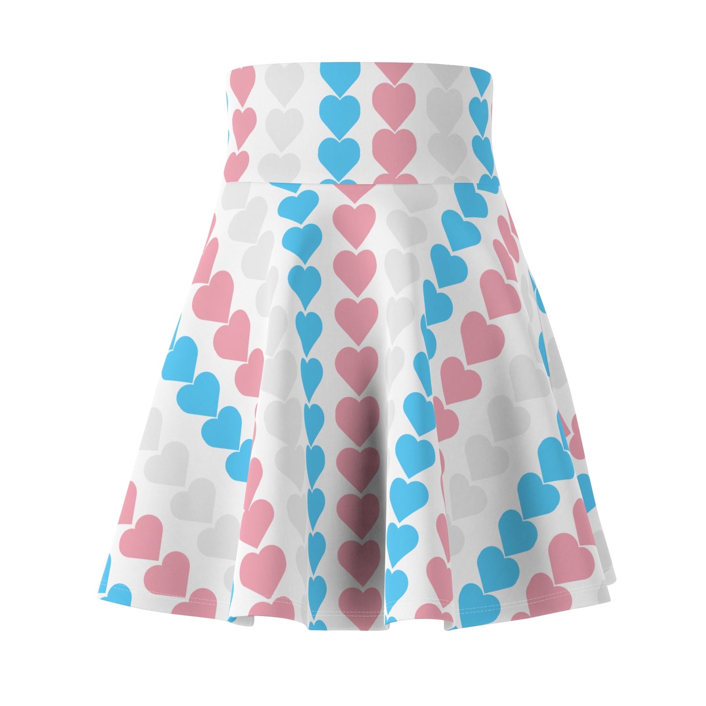 The Trans Flag Love Hearts Skater Skirt is a versatile high-waisted skirt, featuring a white background adorned with vertical rows of alternating blue pink and white hearts. Perfect for any occasion, this stylish skater skirt combines comfort and charm effortlessly.