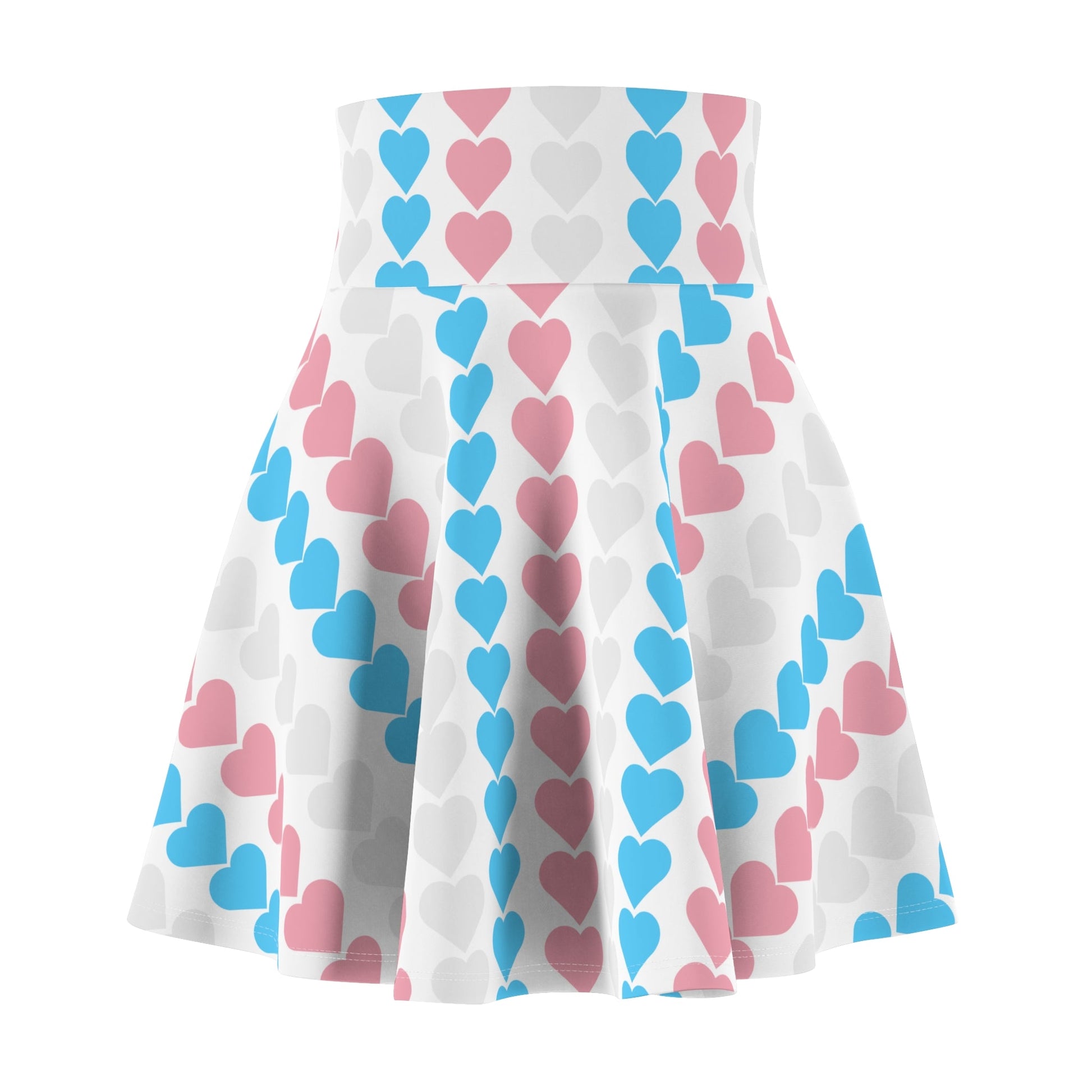 The Trans Flag Love Hearts Skater Skirt is a versatile high-waisted skirt, featuring a white background adorned with vertical rows of alternating blue pink and white hearts. Perfect for any occasion, this stylish skater skirt combines comfort and charm effortlessly.