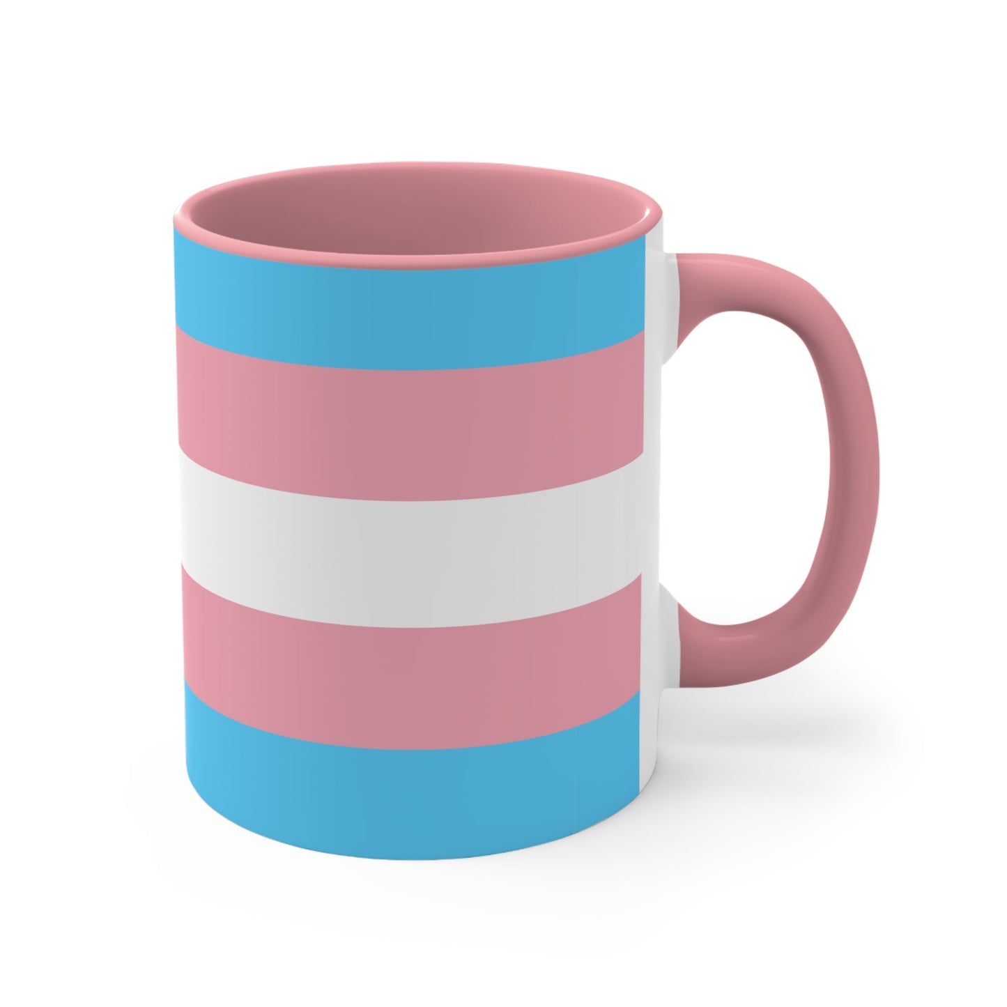 The Trans Pride Flag Colourful Accent Mug by Printify features a ceramic design with horizontal stripes in blue, pink, and white. Its solid blue handle perfectly complements the colorful interior.