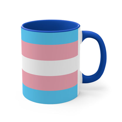 The Trans Pride Flag Colourful Accent Mug by Printify features a ceramic design with horizontal stripes in blue, pink, and white. Its solid blue handle perfectly complements the colorful interior.