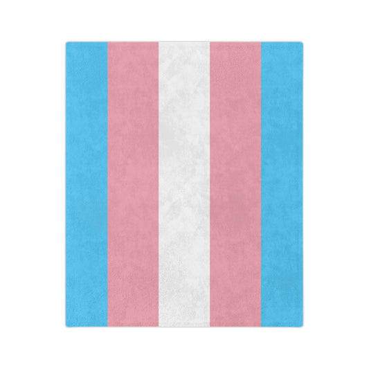 The image features the Trans Pride Flag, displaying five vertical stripes of light blue, pink, white, pink, and light blue. This elegant design is beautifully incorporated into the Polka Dot Velveteen Microfiber Blanket by Printify, offering a super-soft fleece blankie to wrap yourself in warmth and support.