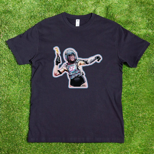 Introducing the "Trans protestor Trans Rights" T-shirt from My Store—a striking black tee featuring a person in futuristic attire holding a golden trophy against vibrant grass. This bold and dynamic design is perfect for GAY SKATE events. Plus, enjoy the added convenience of Australian Shipping for your purchase.