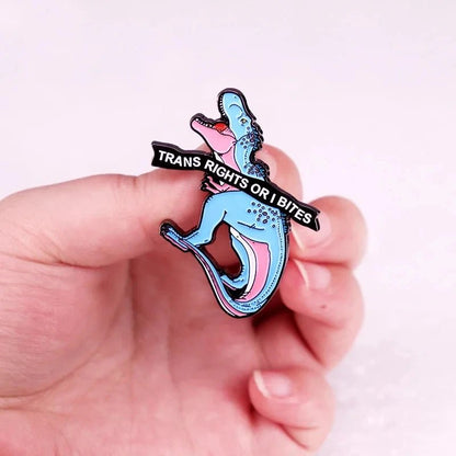 Trans Rights or I Bites enamel dinosaur pin