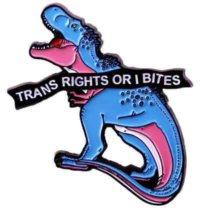 Trans Rights or I Bites enamel dinosaur pin in pink, blue and white transgender trans pride flag colours. Protect Trans Lives, Trans Rights Matter. Badge for trans allies