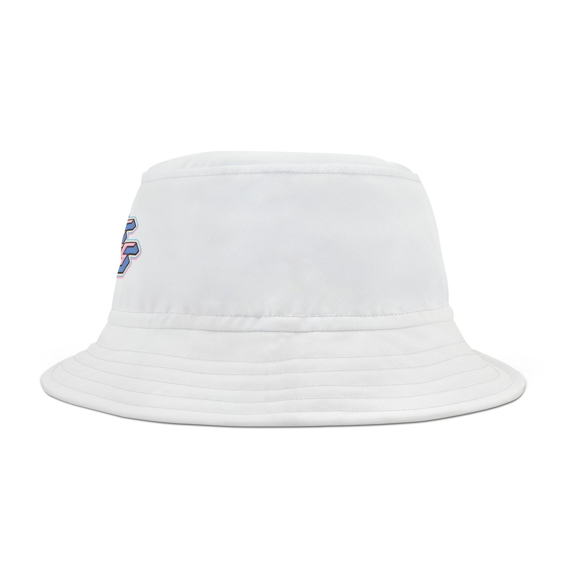 The Trans Rights White Bucket Hat from Printify is made of white polyester and features the phrase "TRANS RIGHTS" in a stylized retro font with pink and blue colors, resembling the transgender pride flag. The design also includes a paper crane above the text. It comes in two sizes.