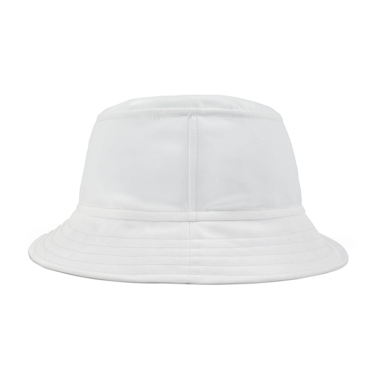 The Trans Rights White Bucket Hat from Printify is made of white polyester and features the phrase "TRANS RIGHTS" in a stylized retro font with pink and blue colors, resembling the transgender pride flag. The design also includes a paper crane above the text. It comes in two sizes.