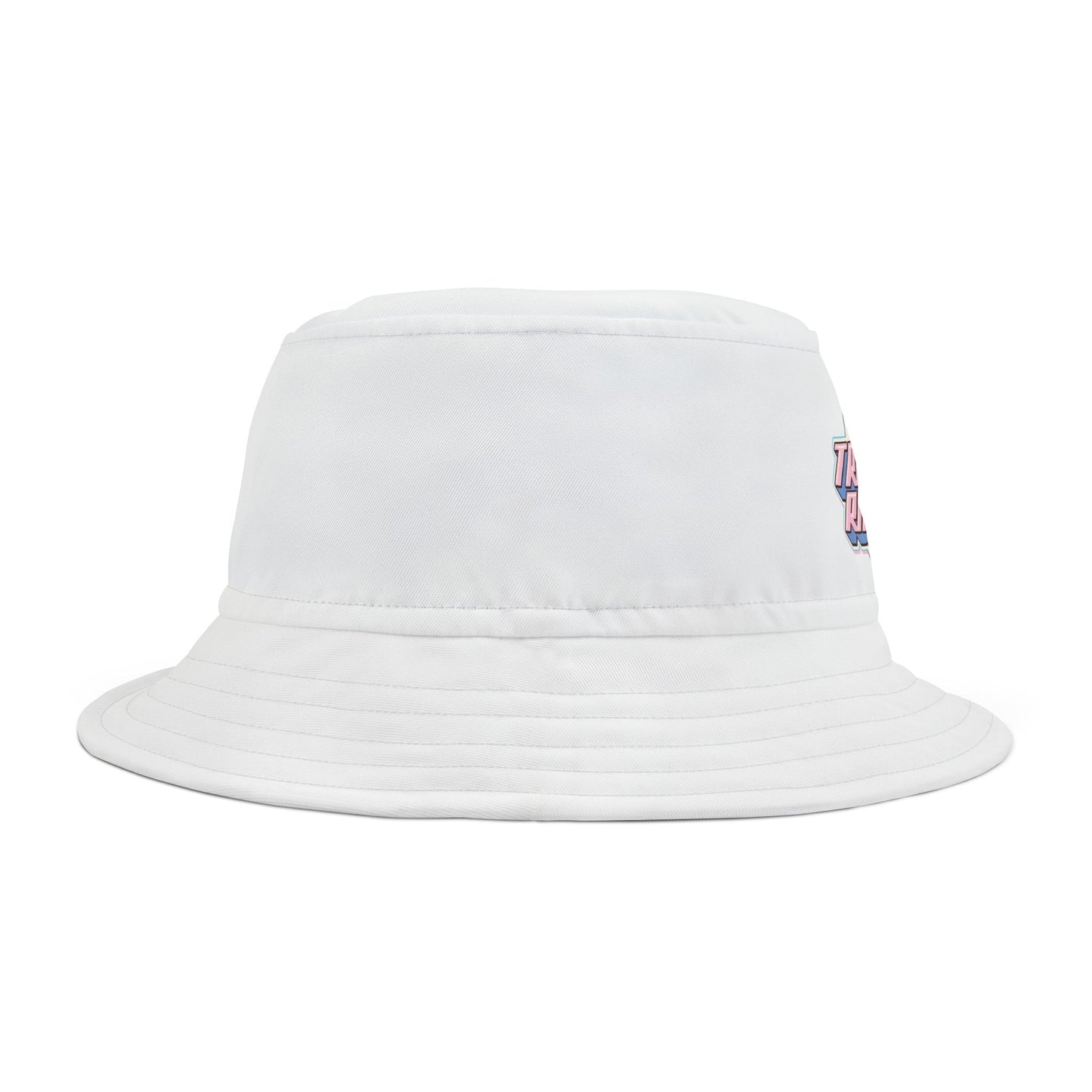 The Trans Rights White Bucket Hat from Printify is made of white polyester and features the phrase "TRANS RIGHTS" in a stylized retro font with pink and blue colors, resembling the transgender pride flag. The design also includes a paper crane above the text. It comes in two sizes.