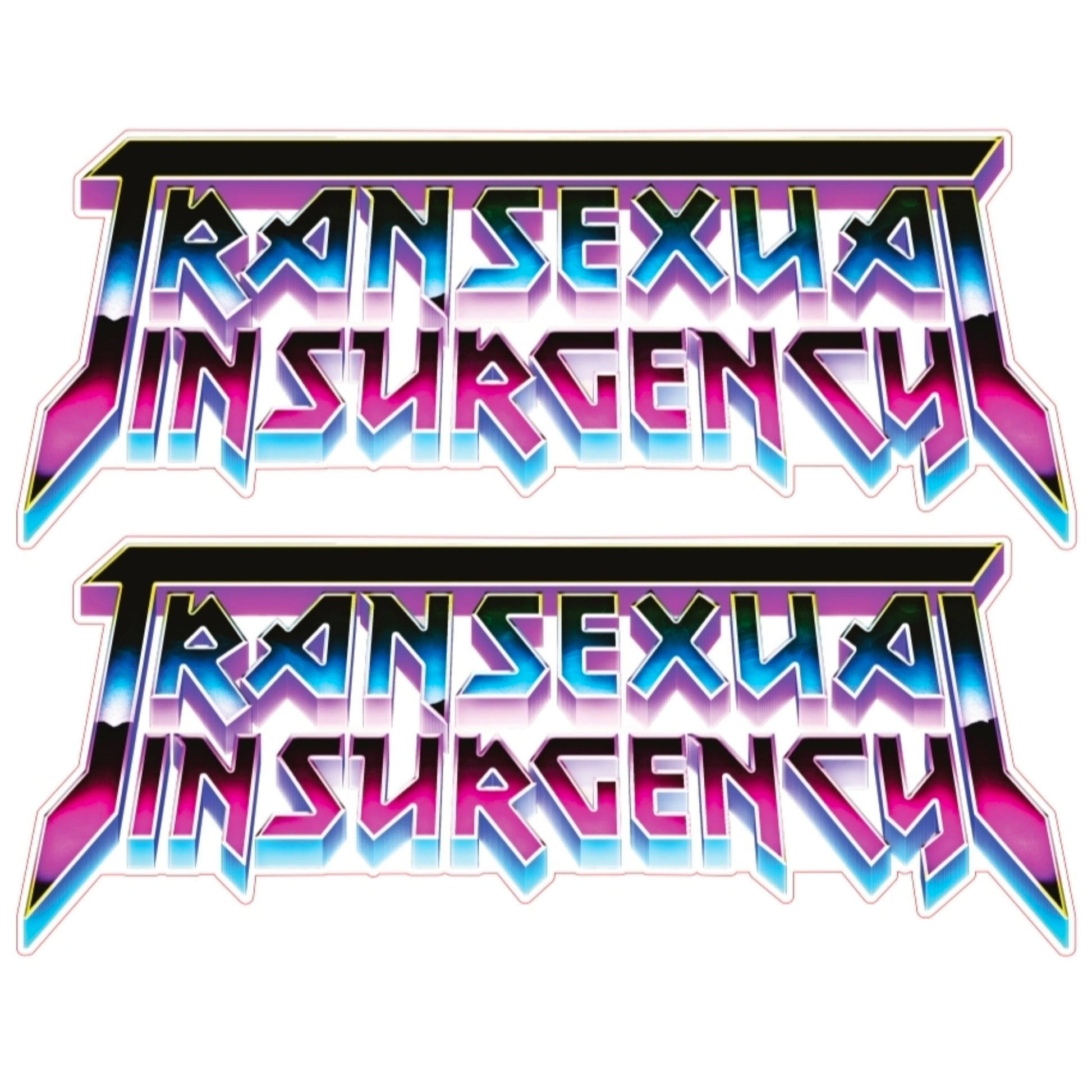 Bold, stylized “TRANSEXUAL INSURGENCY” text in a retro, angular font with blue, pink, and purple gradients appears twice on white. This high quality UV vinyl set includes two bumper stickers. Product: Transexual Insurgency Bumper Sticker Set.