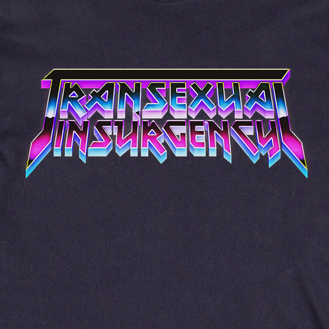 The image displays "Transexual Insurgency" in bold, angular, purple and blue gradient metallic letters on a dark backdrop, as featured on the locally hand printed Transexual Insurgency t-shirt.