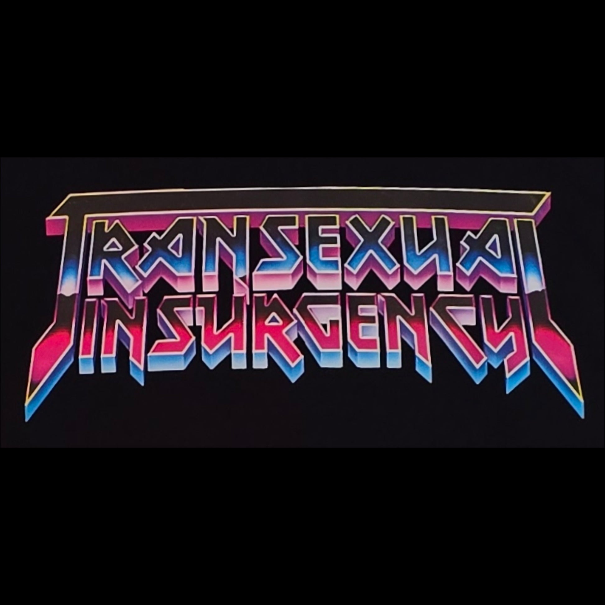The product features the words "TRANSEXUAL INSURGENCY" in bold, angular, metallic-style letters with a pink, blue, and purple gradient on a black background. This design is locally hand-printed on a t-shirt named "Transgender Insurgency and Transexual Insurgency.