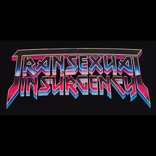 The product features the words "TRANSEXUAL INSURGENCY" in bold, angular, metallic-style letters with a pink, blue, and purple gradient on a black background. This design is locally hand-printed on a t-shirt named "Transgender Insurgency and Transexual Insurgency.
