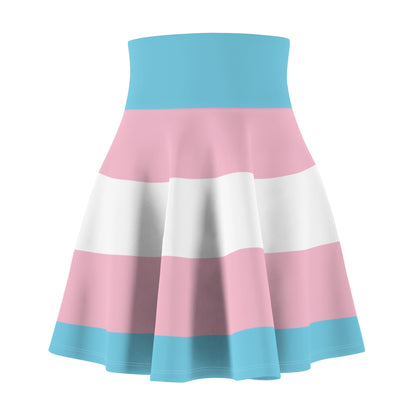 The Transgender Pride Flag Skater Skirt from the queer-owned brand, Printify, features a high waist and A-line silhouette with horizontal stripes in light blue, pink, and white, embodying the trans pride flag.