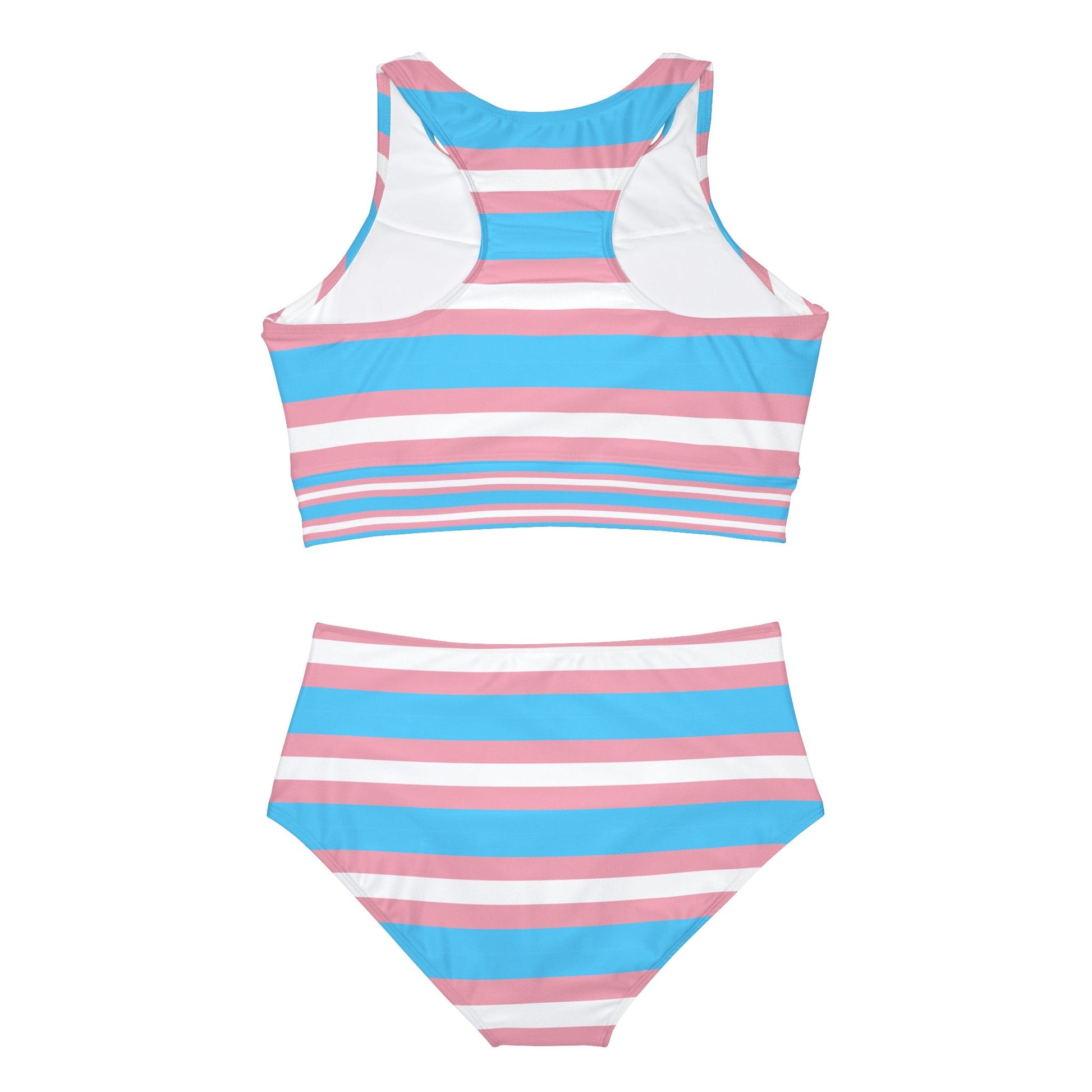 Introducing the Transgender Pride Flag Sporty Swim or Activewear Set by Gay Skate— a vibrant two-piece swimsuit showcasing horizontal stripes in light blue, pink, and white. The top features a stylish high neck while the bottoms are designed in a flattering high-waisted bikini style, both adorned with matching Transgender Pride colors.