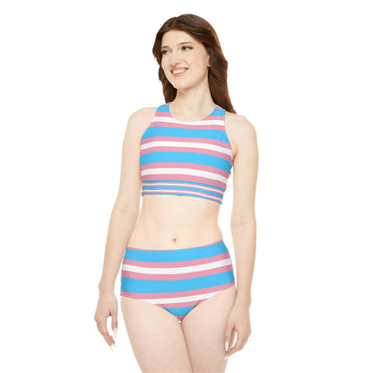 Introducing the Transgender Pride Flag Sporty Swim or Activewear Set by Gay Skate— a vibrant two-piece swimsuit showcasing horizontal stripes in light blue, pink, and white. The top features a stylish high neck while the bottoms are designed in a flattering high-waisted bikini style, both adorned with matching Transgender Pride colors.