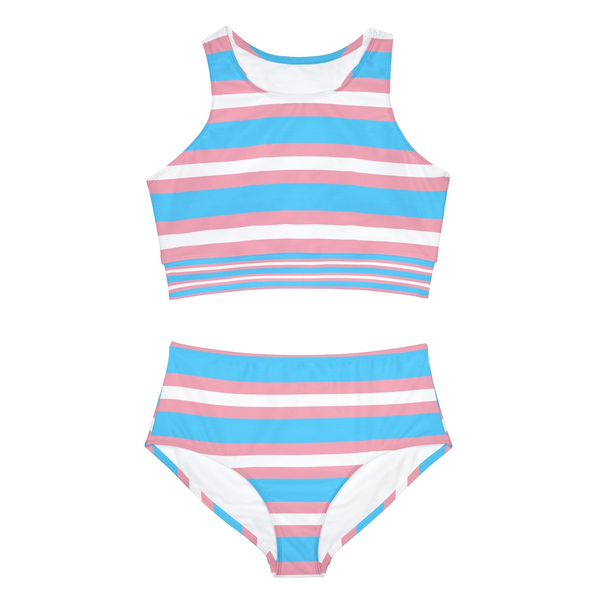 Introducing the Transgender Pride Flag Sporty Swim or Activewear Set by Gay Skate - a vibrant two-piece swimsuit showcasing horizontal stripes in light blue, pink, and white. The top features a stylish high neck while the bottoms are designed in a flattering high-waisted bikini style, both adorned with matching Transgender Pride colors. Perfect for festivals, party, rave wear clubbing, gym, pole dance and  roller derby.