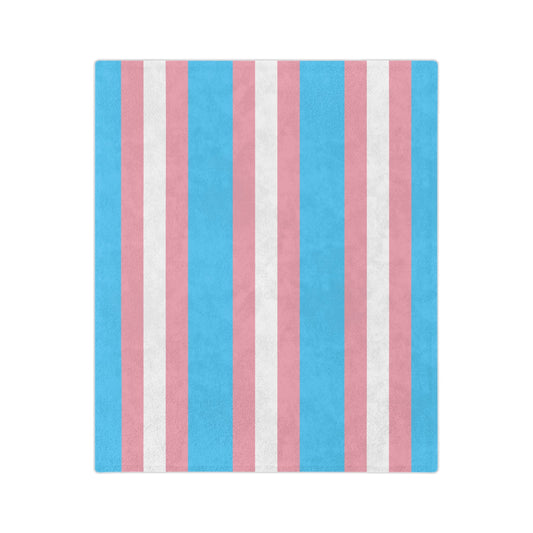 A photo of the Transgender Pride Flag - Velveteen Microfiber Blanket by Printify showcases a super-soft fleece design with vertical stripes in blue, pink, and white. This alternating pattern mirrors the colors of the transgender pride flag and is offered by a trans and queer-owned business in multiple sizes for your cozy comfort.