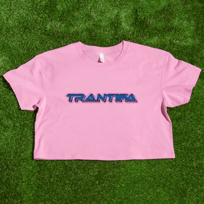Pink crop top with 'TRANTIFA' logo 