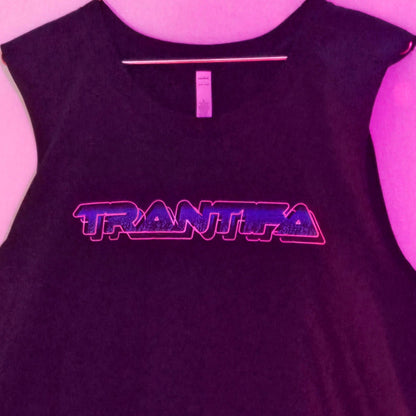 Black sleeveless top with "Trantifa" logo