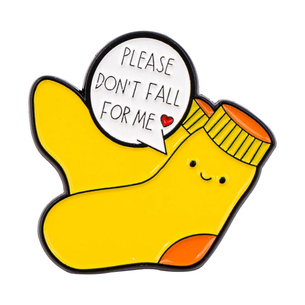 A cartoon of two yellow socks with a smiley face and an enamel badge named "Very Demure Very Mindful Very Cutesy" shows a speech bubble, "Please don't fall for me," with a red heart. The socks have orange accents at the toes and cuffs.