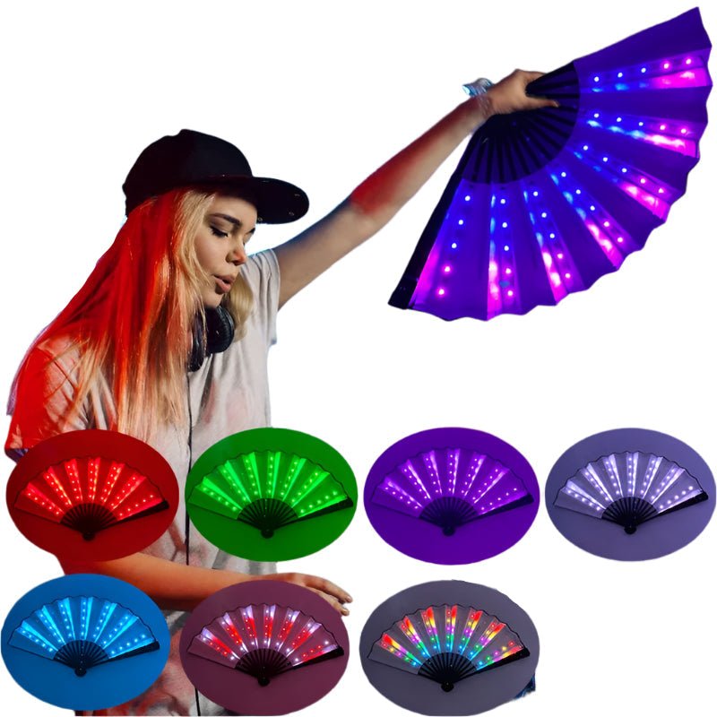 Vibrant LED Light Up Fans, glowing blue. Below, six smaller fans from the same brand showcase red, green, blue, purple, yellow, and multicolored modes. Enjoy the colorful rainbow LED light rechargeable or battery-powered fans.