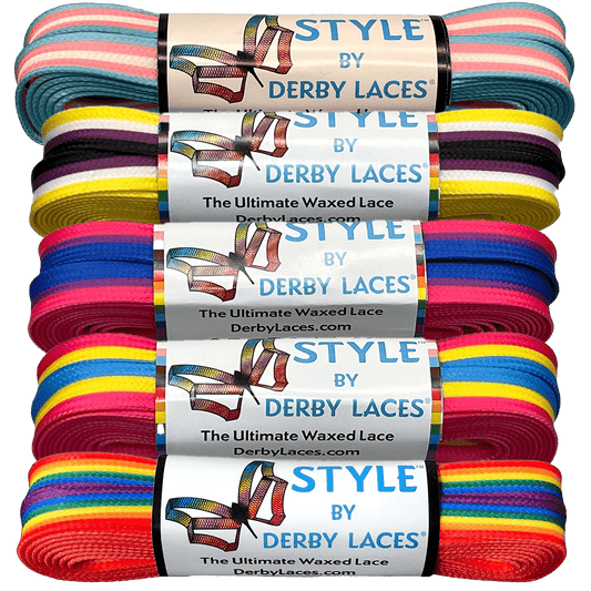 Vertical bundles of Waxed Skate Laces by Derby Laces from Gay Skate display a vibrant array of colors such as turquoise, pink, yellow, and purple. Each lace is labeled "STYLE by DERBY LACES: The Ultimate Performance Waxed Lace," celebrating style and function while honoring the diversity of pride flags like the Transgender, Rainbow, Non-Binary, Pansexual, and Bisexual through its colorful spectrum.