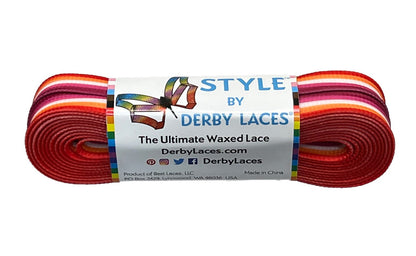 Lesbian pride flag shoe laces. A bundle of Waxed Skate Laces featuring rainbow, trans, non-binary, pansexual, bisexual, and lesbian pride flags, made with durable fibers and wrapped with a label.