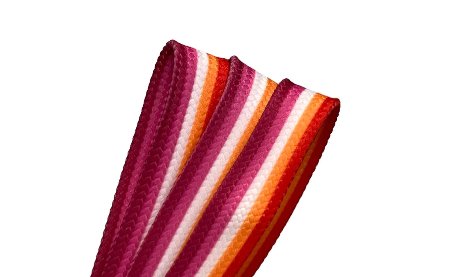 A close-up of the Waxed Skate Laces – Lesbian Pride flag, showing pink, orange, red, and white diagonal stripes made from durable fibers against a white background. Lesbian laces