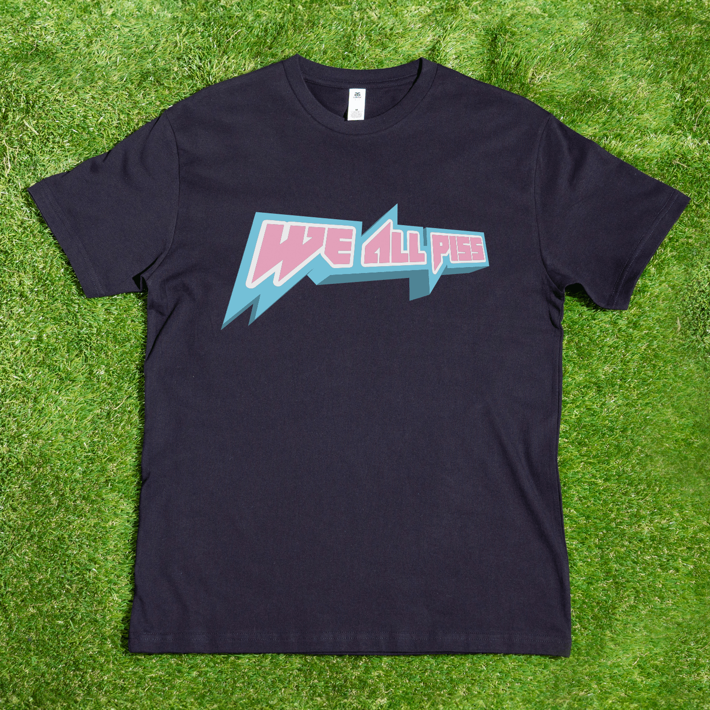 We All Pee trans rights black t-shirt featuring trans pride flag of colours pink blue and white