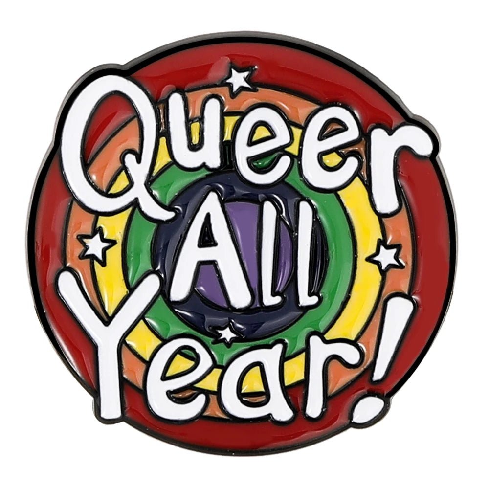 Round badge with rainbow design and 'Queer All Year!' text 
