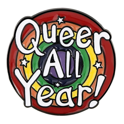 Round badge with rainbow design and 'Queer All Year!' text 