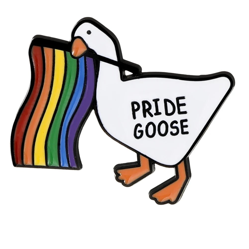 Pins with a goose holding a rainbow flag and 'PRIDE GOOSE' text 