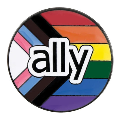 Rainbow flag Round badge with rainbow stripes and the word 'ally' in the center