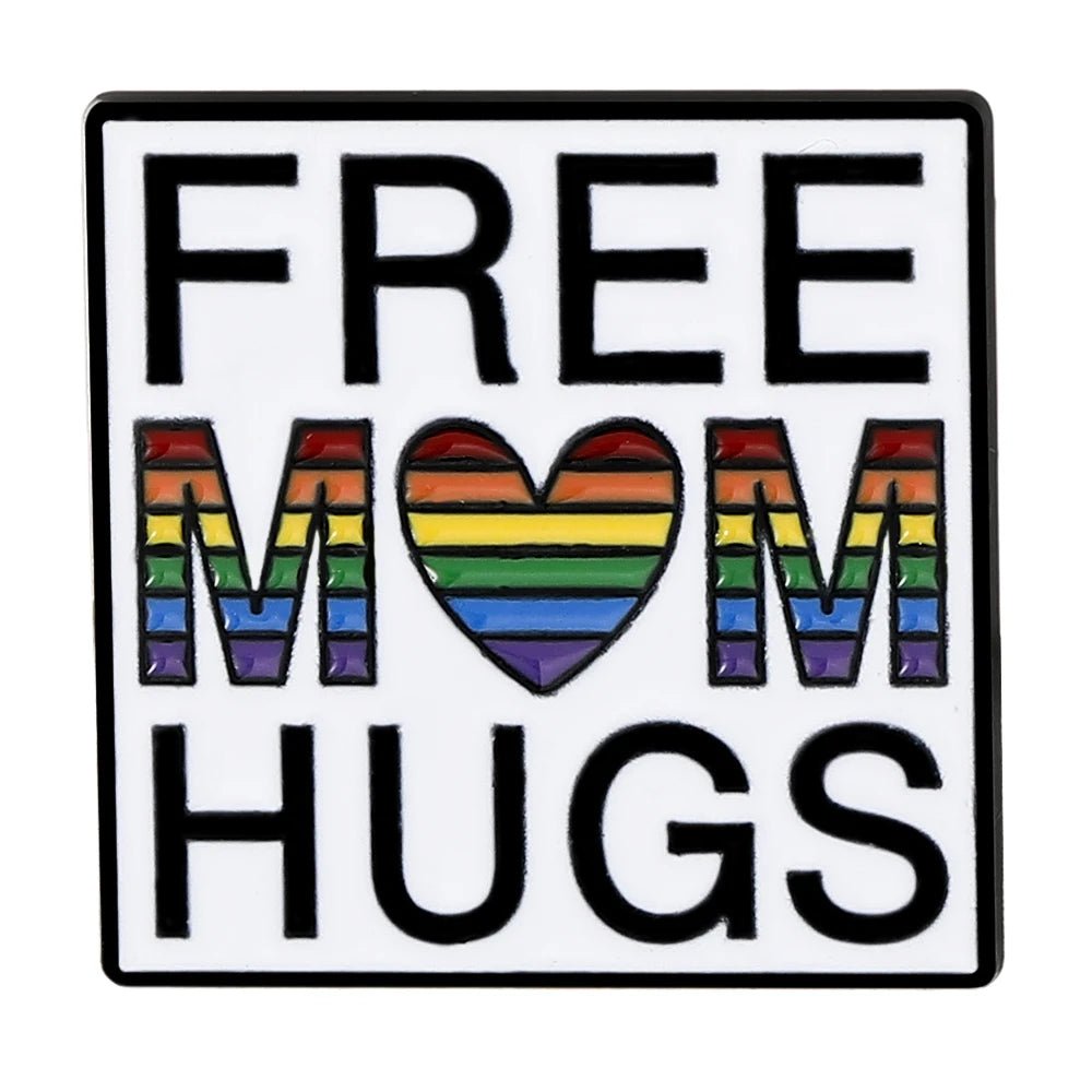 Badge with 'FREE MOM HUGS' text, including a rainbow heart symbol on a white background.