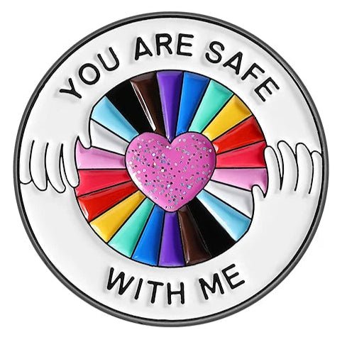 you are safe with me rainbow love heart ally badge. Support lgbt people
