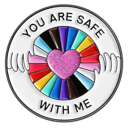 you are safe with me rainbow love heart ally badge. Support lgbt people
