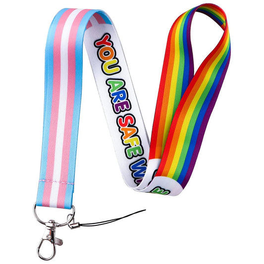 You Are Safe With Me lanyard - trans and rainbow pride flag