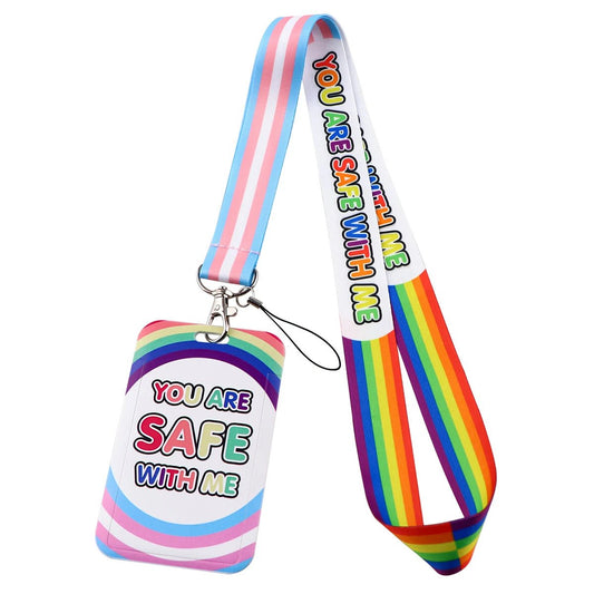 ID Holder Lanyard with Rainbow and trans pride flag for allies. You Are Safe With Me ally neck strap and pass holder. Gay pride and trans pride work lanyard