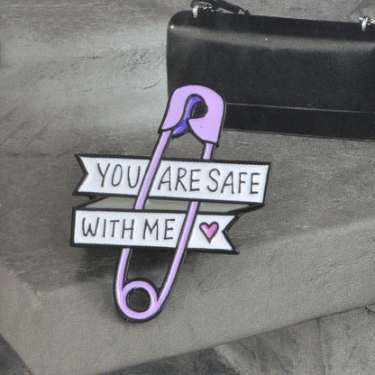 You Are Safe With Me purple safety pin badge