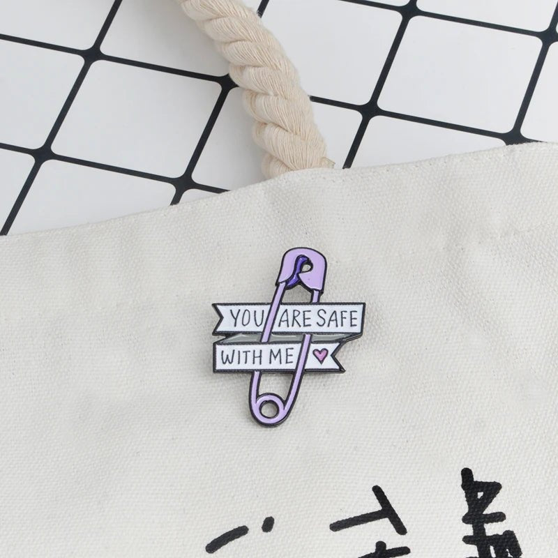 You Are Safe With Me purple safety pin badge