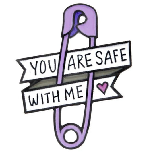 Badge for allies. You Are Safe With Me purple safety pin with love heart enamel badge for gay lesbian trans allies