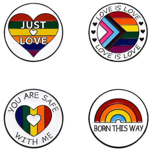 Rainbow pride and Ally badges. Born This Way, Love Is Love, Just Love, You Are Safe With Me pride pins