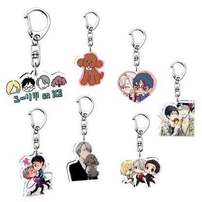 Yuri!!! on Ice - Anime Acrylic Keychains come in 25 designs featuring single characters, pairs, heart-shaped elements, and a brown dog—all with silver keyrings.