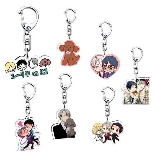 Yuri!!! on Ice - Anime Acrylic Keychains come in 25 designs featuring single characters, pairs, heart-shaped elements, and a brown dog—all with silver keyrings.