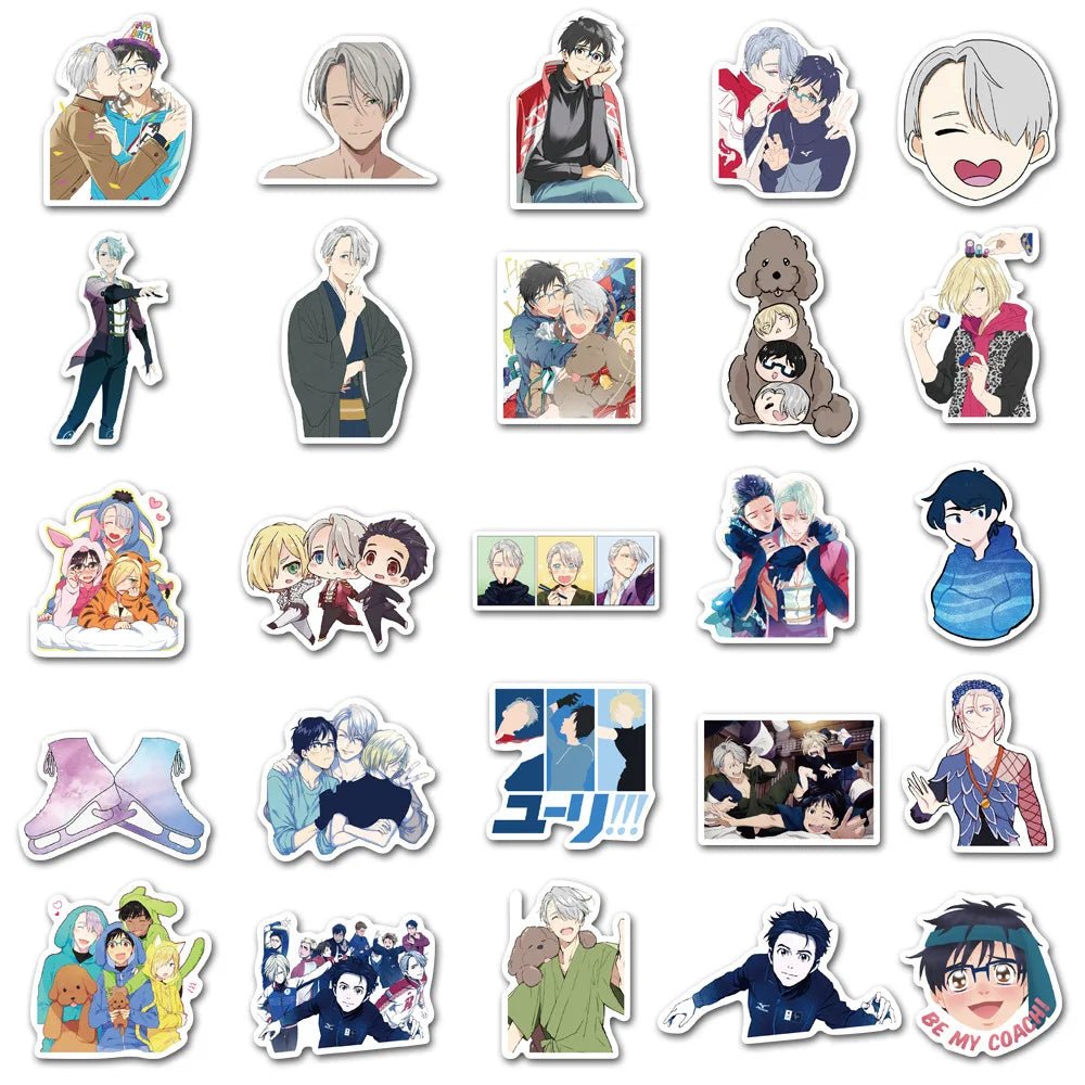 The Yuri!!! On Ice bulk pack of 50 stickers showcases vibrant characters, skaters, dogs, and fun group scenes from the anime, all with colorful designs on a white background.